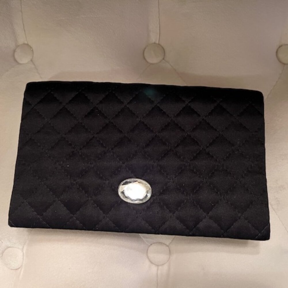 VINTAGE Evening Black Clutch Diamond Fabric Design Faux Clear Stone Silver Chain